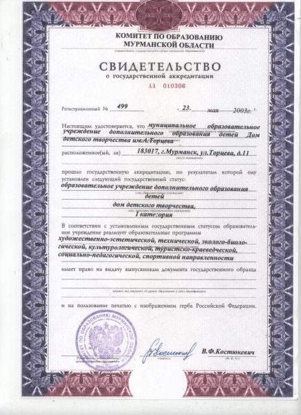 Свидетельство о государственной аккредитации